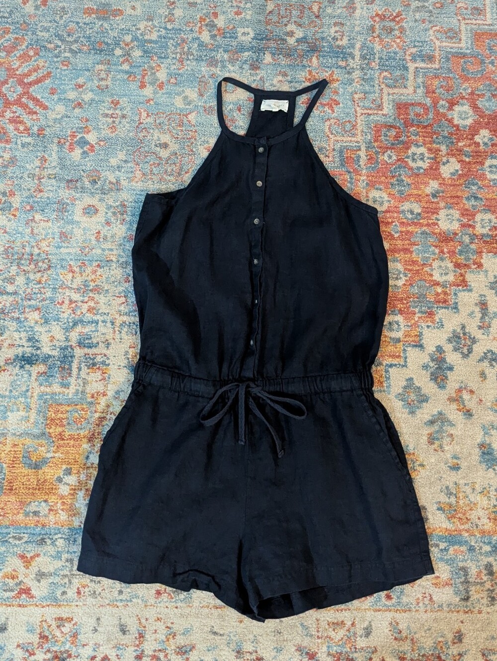 Lou & Grey Women’s XS Linen Romper Sleeveless Black Shorts Pockets 162